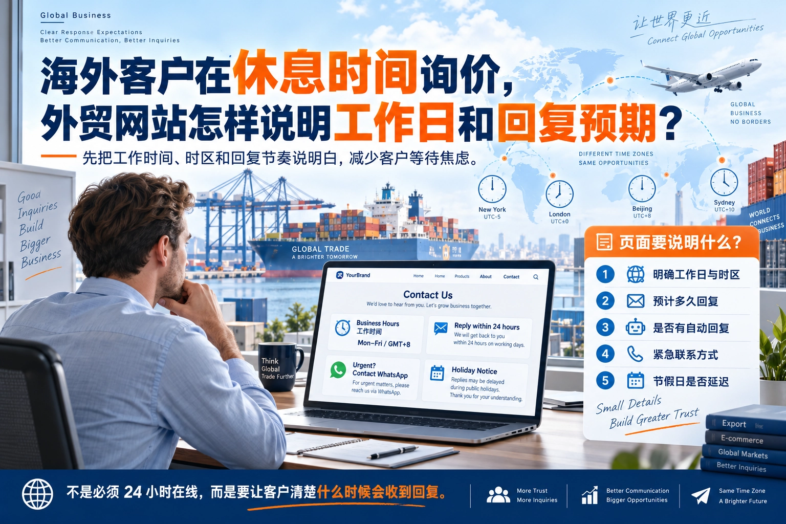 海外客户在休息时间询价，外贸网站怎样说明工作日和回复预期？