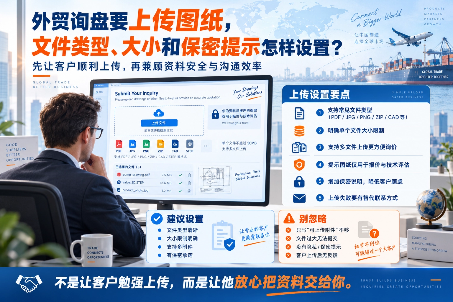 外贸询盘要上传图纸，文件类型、大小和保密提示怎样设置？