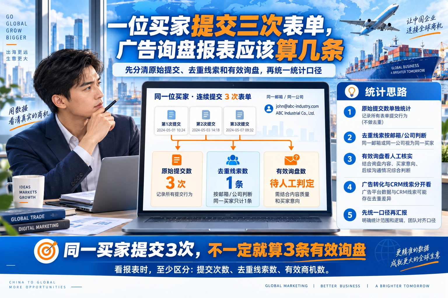 一位买家提交三次表单，广告询盘报表应该算几条