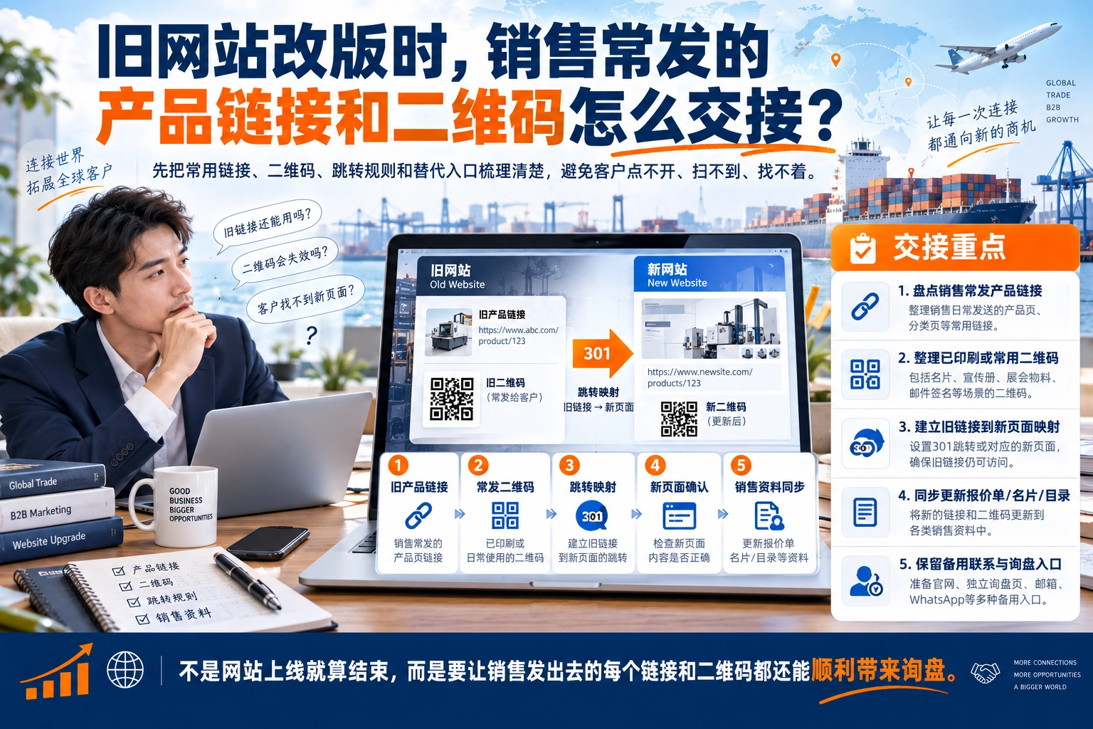旧网站改版时，销售常发的产品链接和二维码怎么交接？