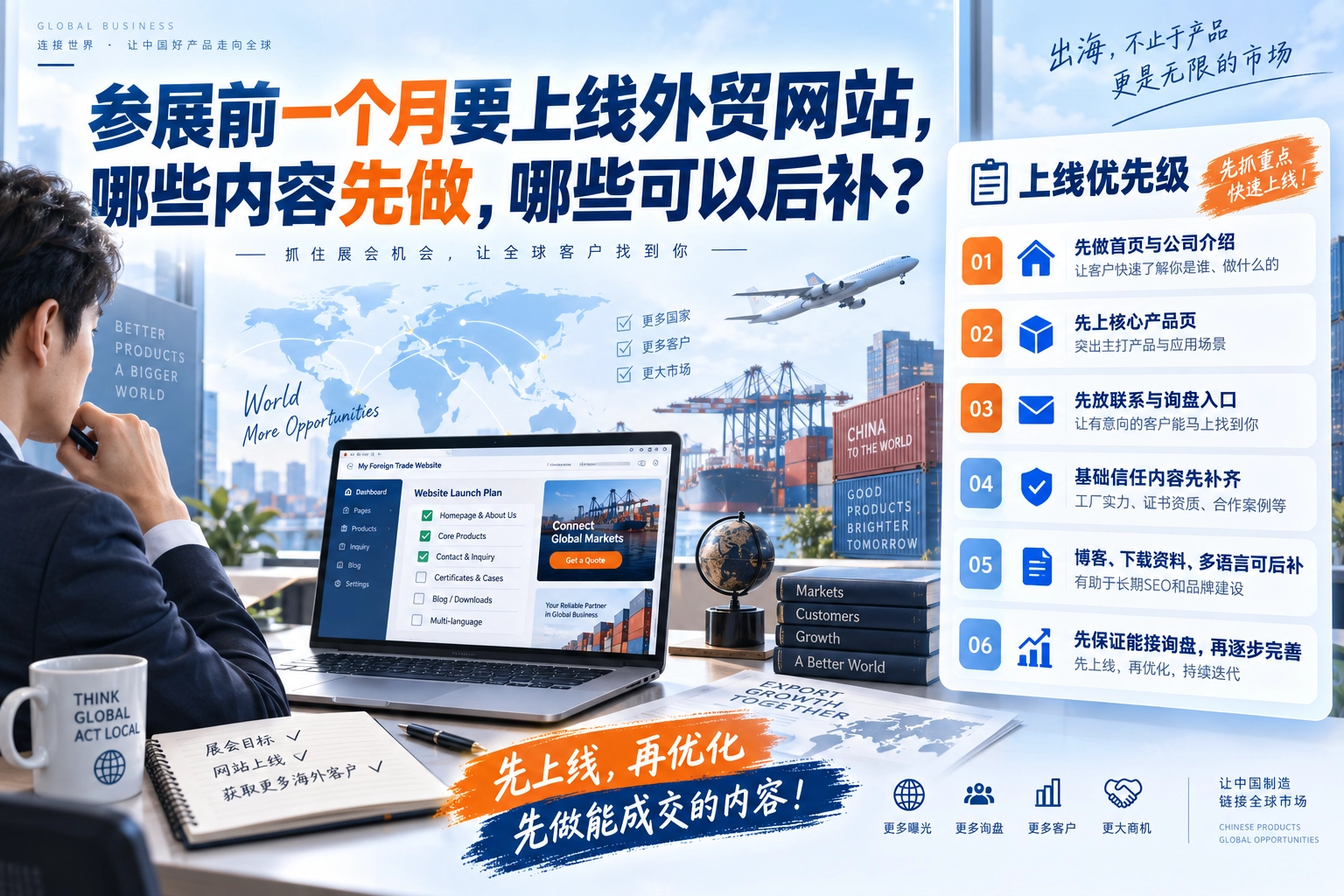 参展前一个月要上线外贸网站，哪些内容先做，哪些可以后补？