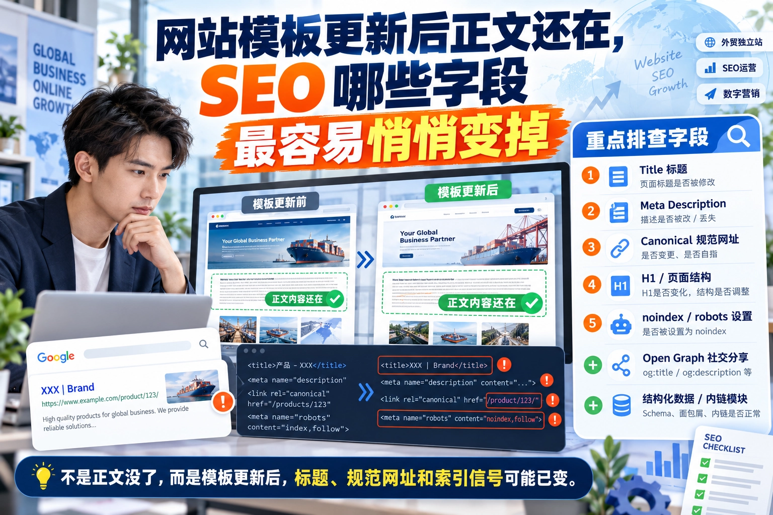 网站模板更新后正文还在，SEO哪些字段最容易悄悄变掉