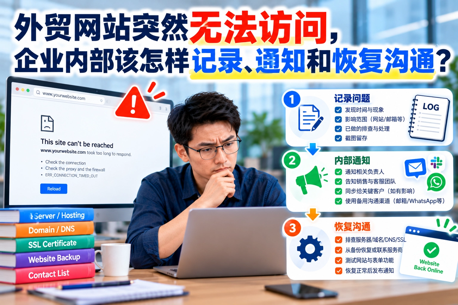 外贸网站突然无法访问，企业内部该怎样记录、通知和恢复沟通？