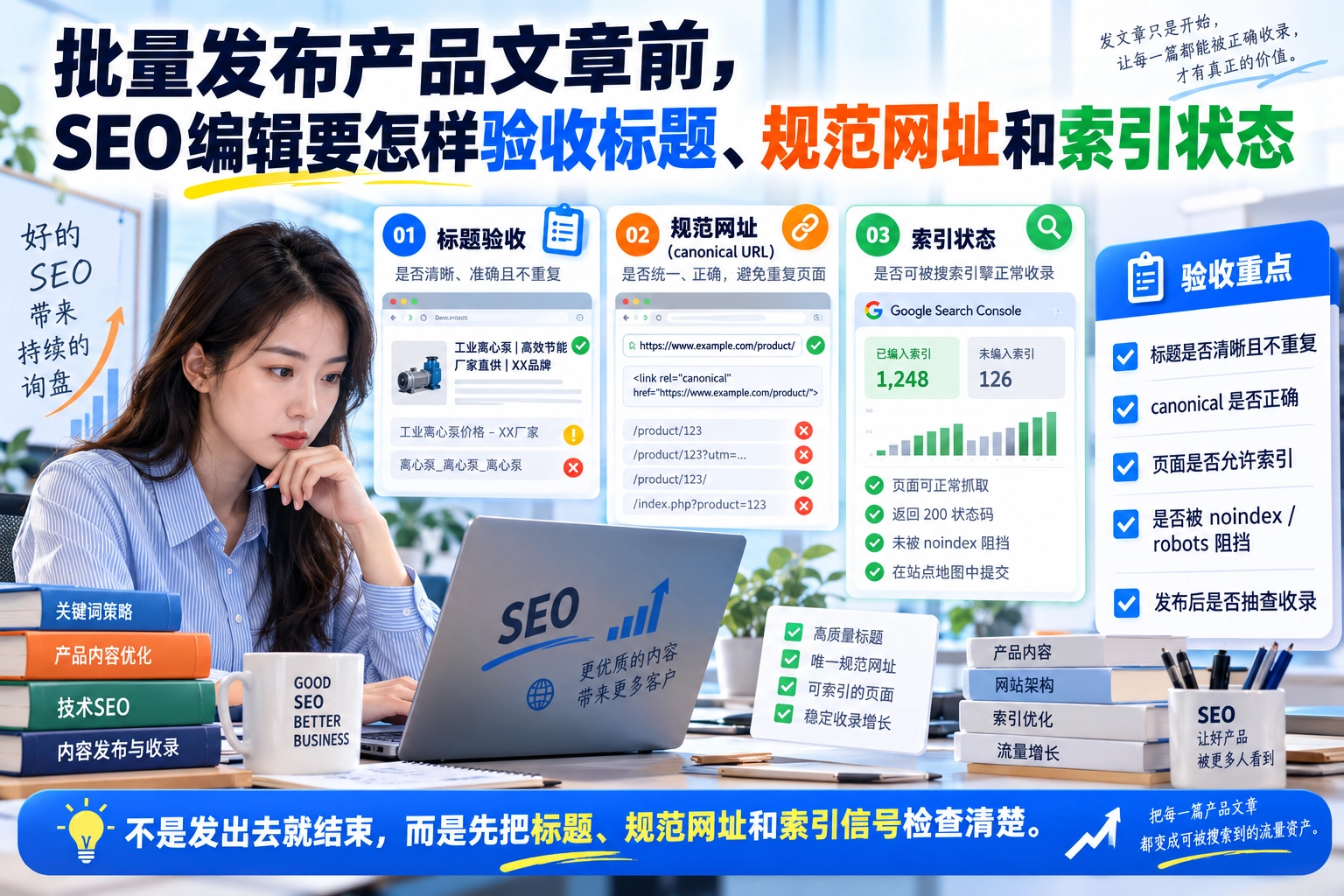 批量发布产品文章前，SEO编辑要怎样验收标题、规范网址和索引状态