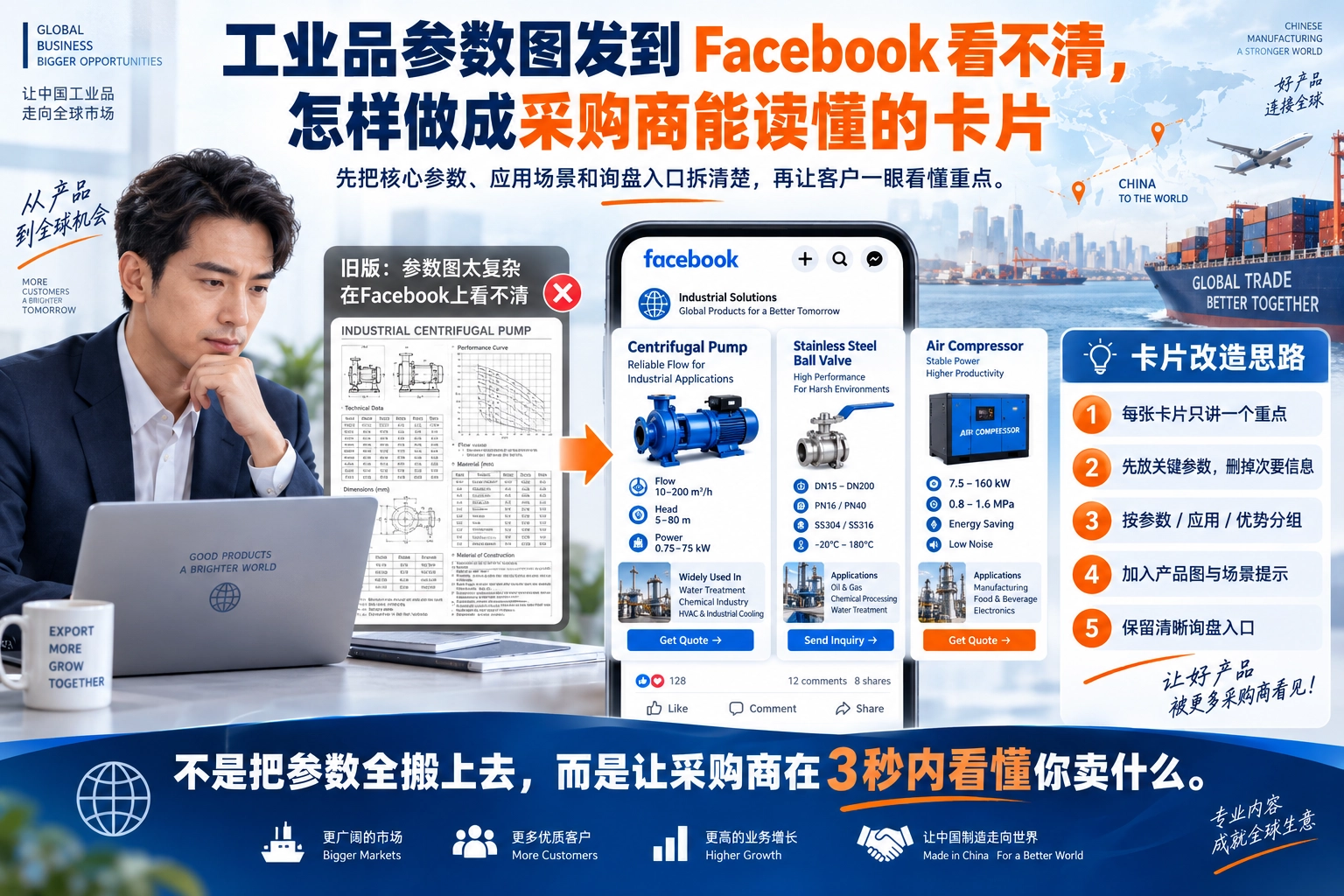工业品参数图发到Facebook看不清，怎样做成采购商能读懂的卡片