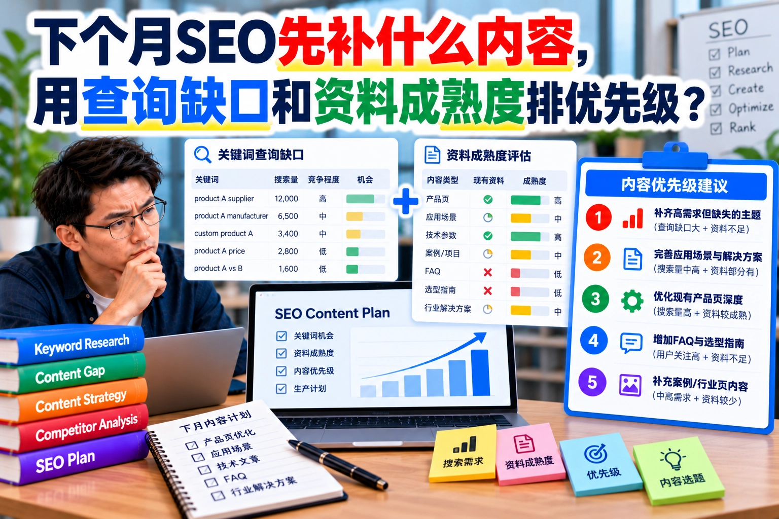 下个月SEO先补什么内容,用查询缺口和资料成熟度排优先级