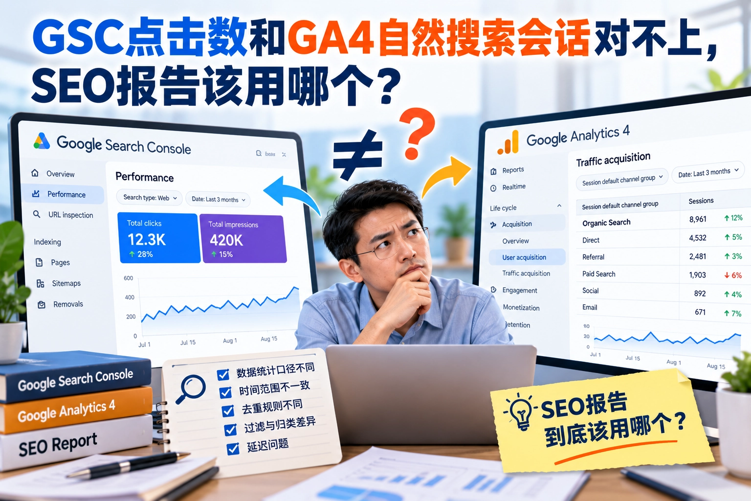GSC点击数和GA4自然搜索会话对不上，SEO报告该用哪个