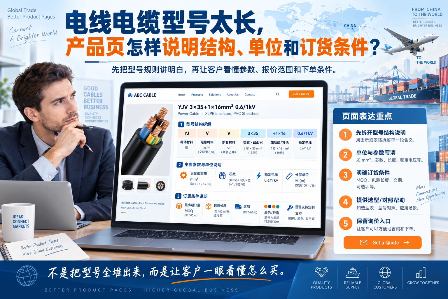 电线电缆型号太长，产品页怎样说明结构、单位和订货条件？