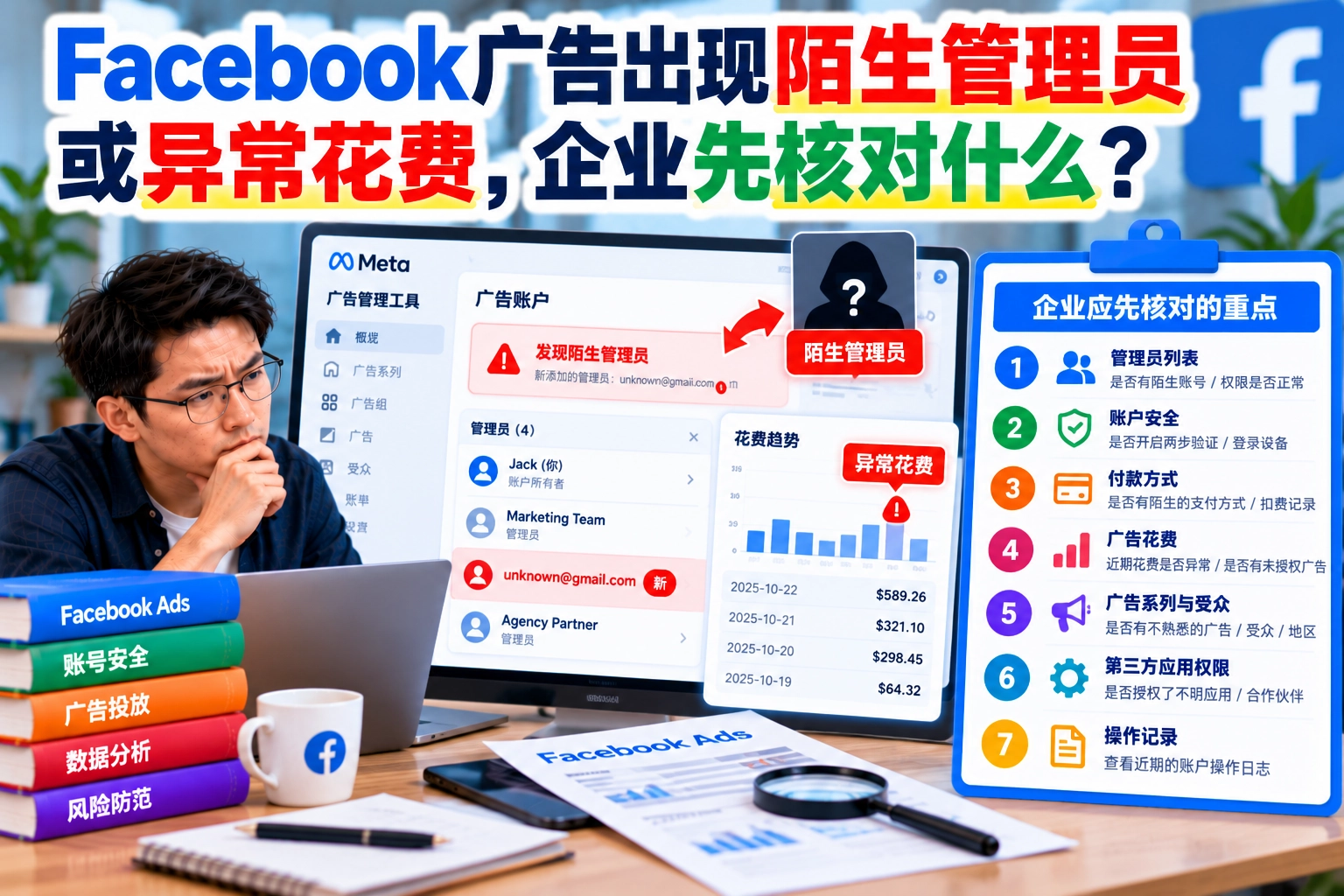 Facebook广告出现陌生管理员或异常花费，企业先核对什么