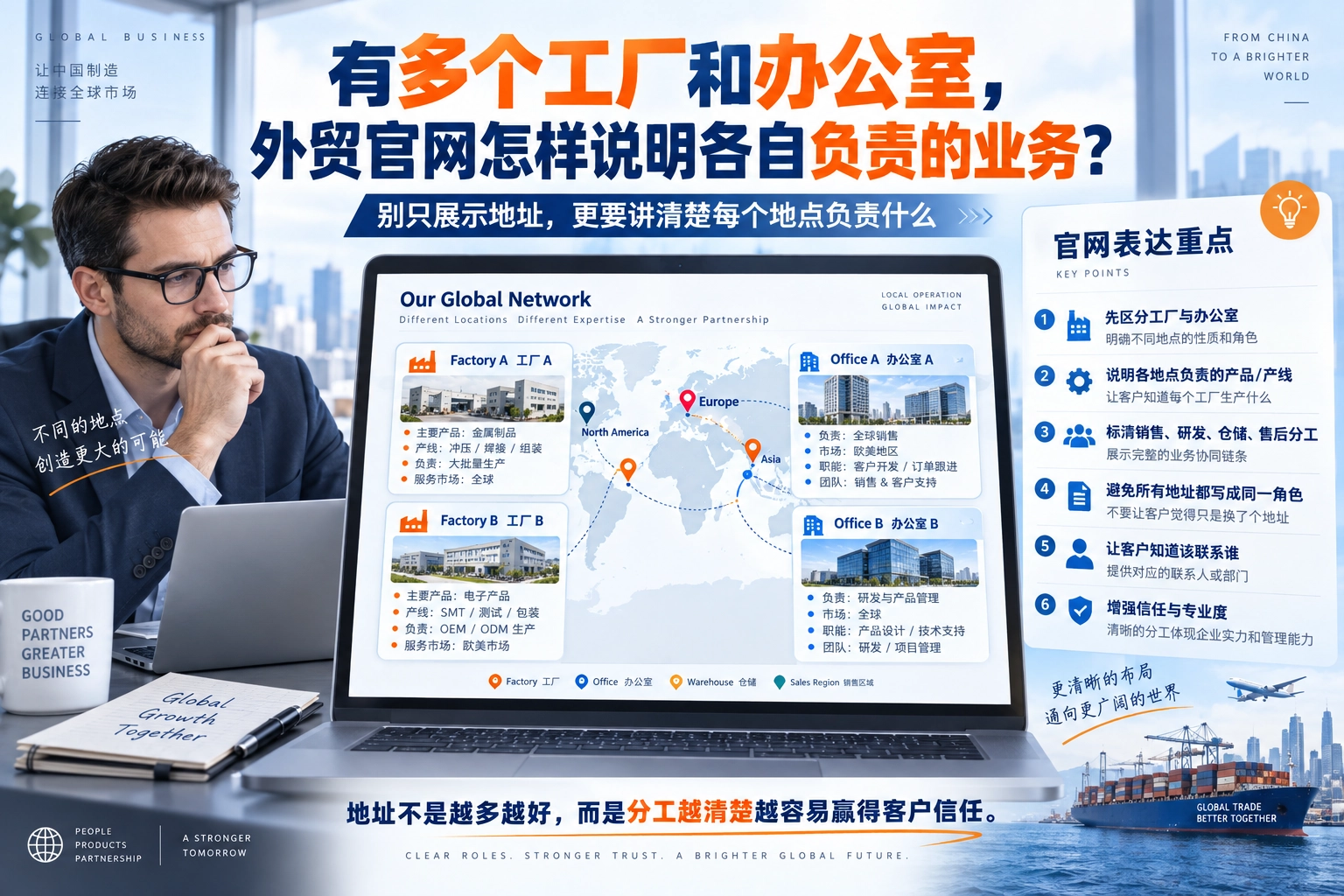 有多个工厂和办公室，外贸官网怎样说明各自负责的业务？