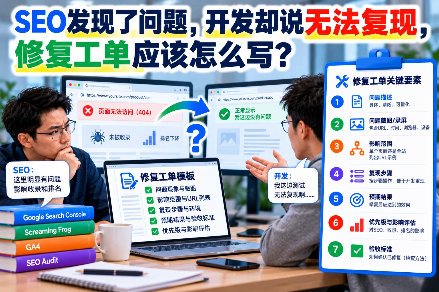 SEO发现了问题，开发却说无法复现，修复工单应该怎么写