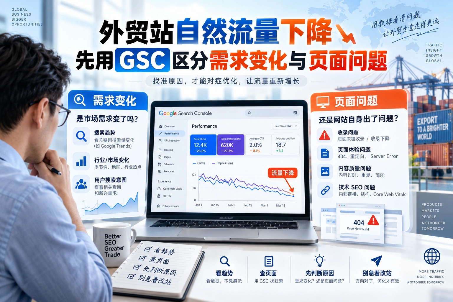 外贸站自然流量下降，先用GSC区分需求变化与页面问题