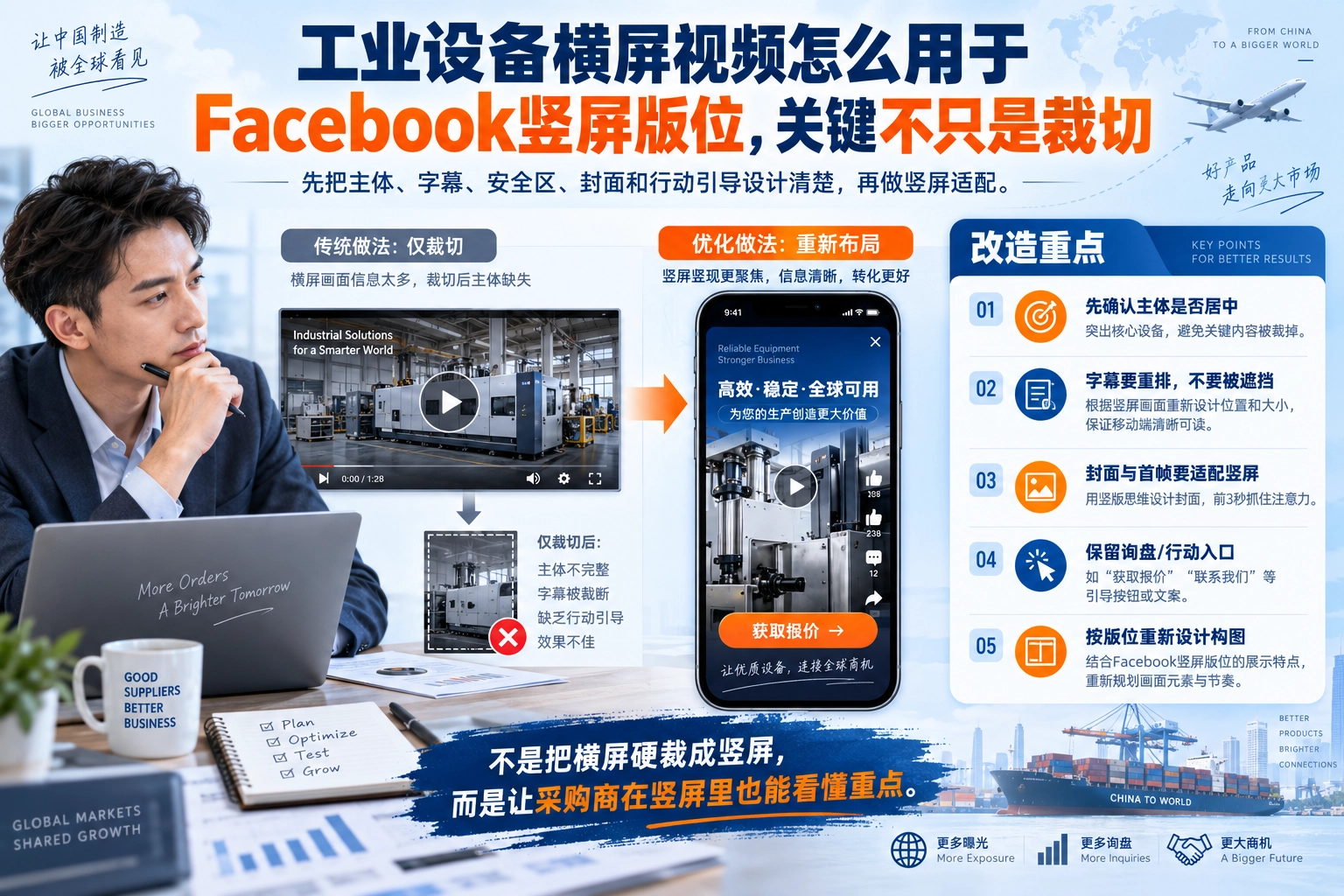 工业设备横屏视频怎么用于Facebook竖屏版位，关键不只是裁切