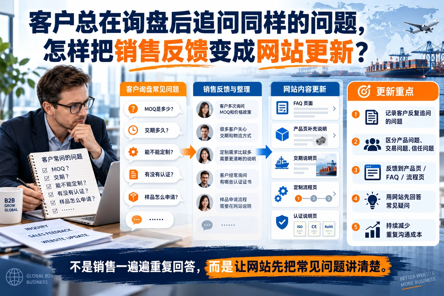 客户总在询盘后追问同样的问题，怎样把销售反馈变成网站更新？