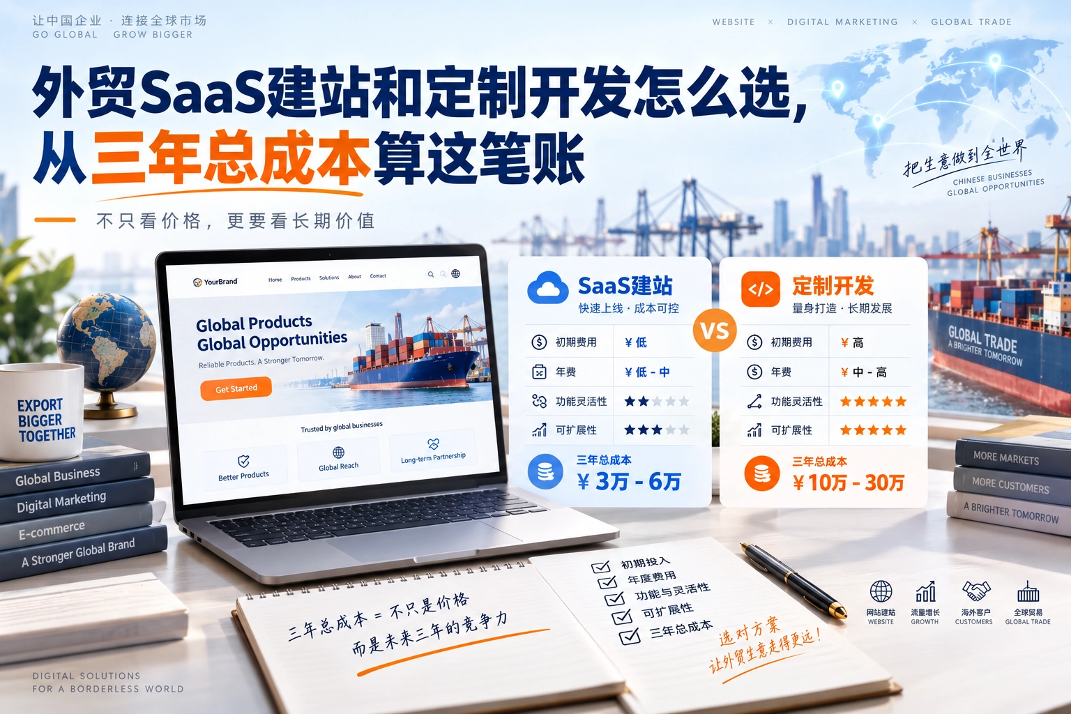 外贸SaaS建站和定制开发怎么选，从三年总成本算这笔账