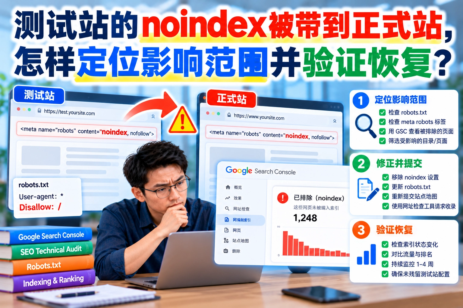 测试站的noindex被带到正式站，怎样定位影响范围并验证恢复
