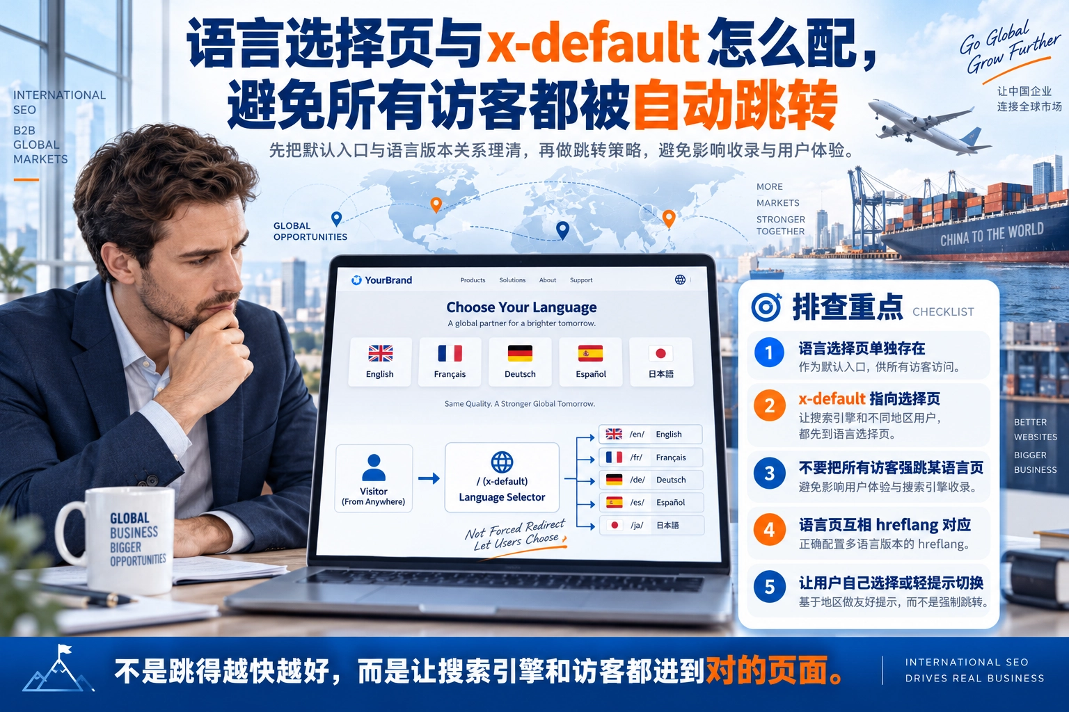 语言选择页与x-default怎么配，避免所有访客都被自动跳转