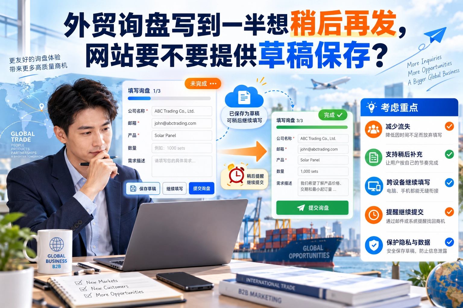 外贸询盘写到一半想稍后再发，网站要不要提供草稿保存？