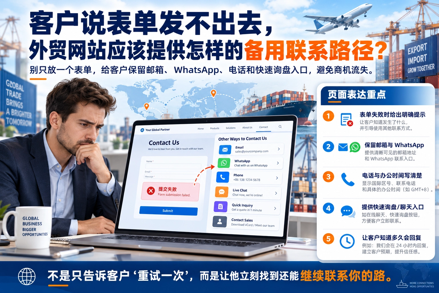 客户说表单发不出去，外贸网站应该提供怎样的备用联系路径？