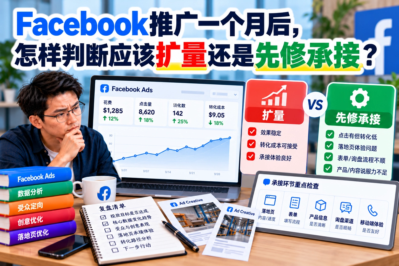 Facebook推广一个月后,怎样判断应该扩量还是先修承接