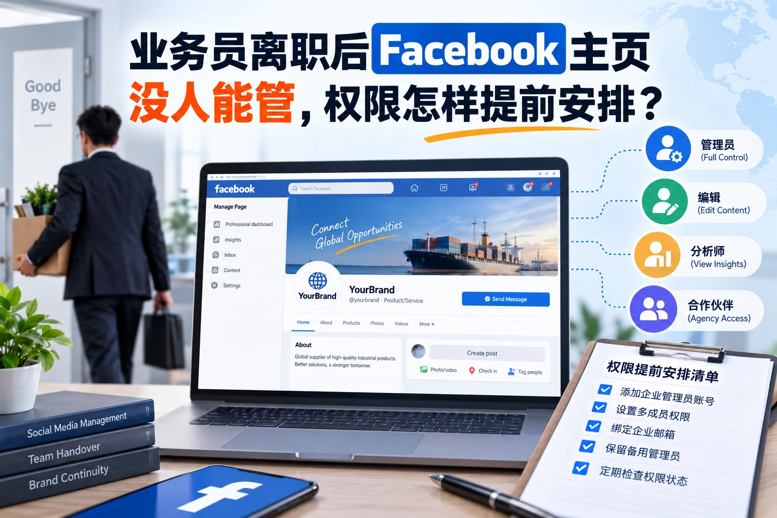 业务员离职后Facebook主页没人能管，权限怎样提前安排