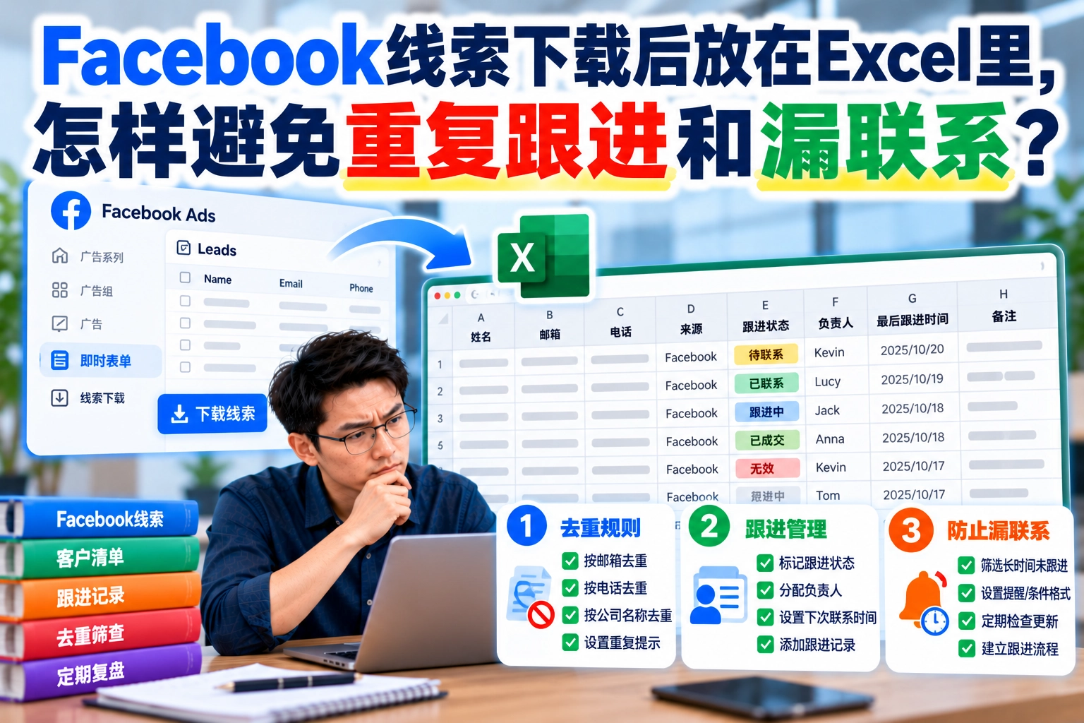 Facebook线索下载后放在Excel里，怎样避免重复跟进和漏联系