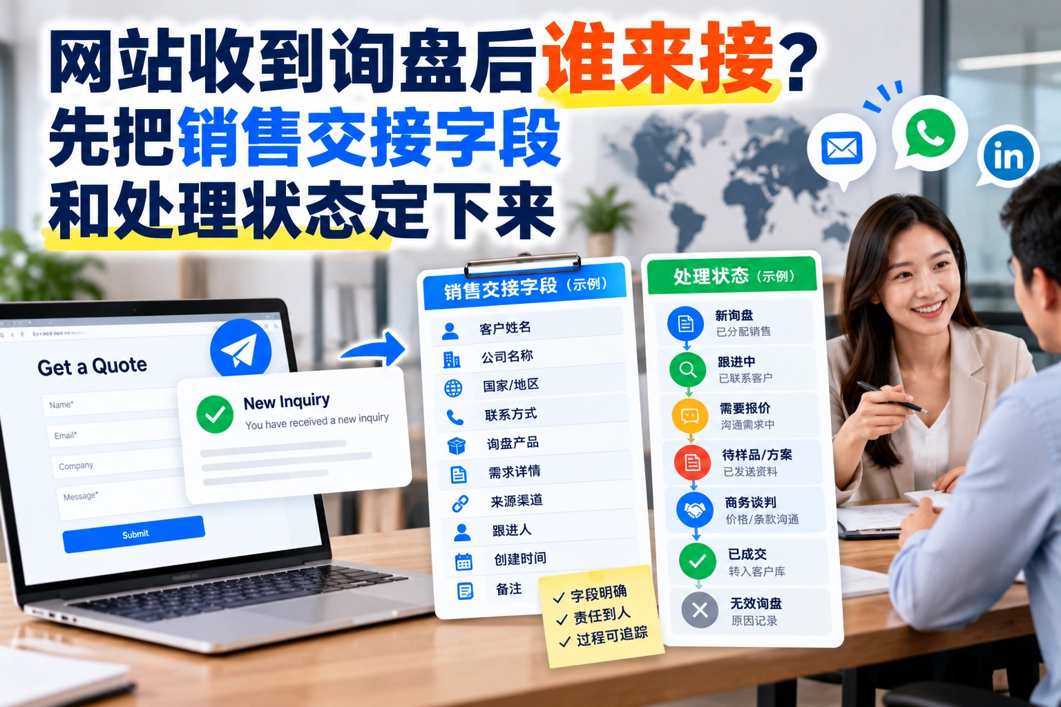 网站收到询盘后谁来接？先把销售交接字段和处理状态定下来