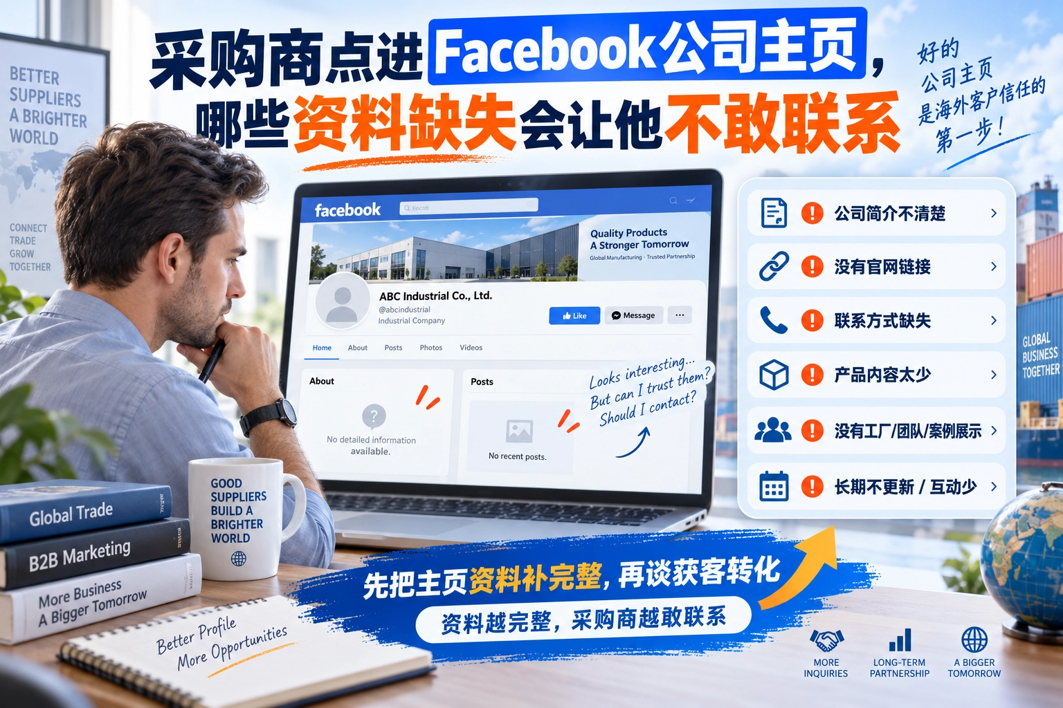 采购商点进Facebook公司主页，哪些资料缺失会让他不敢联系
