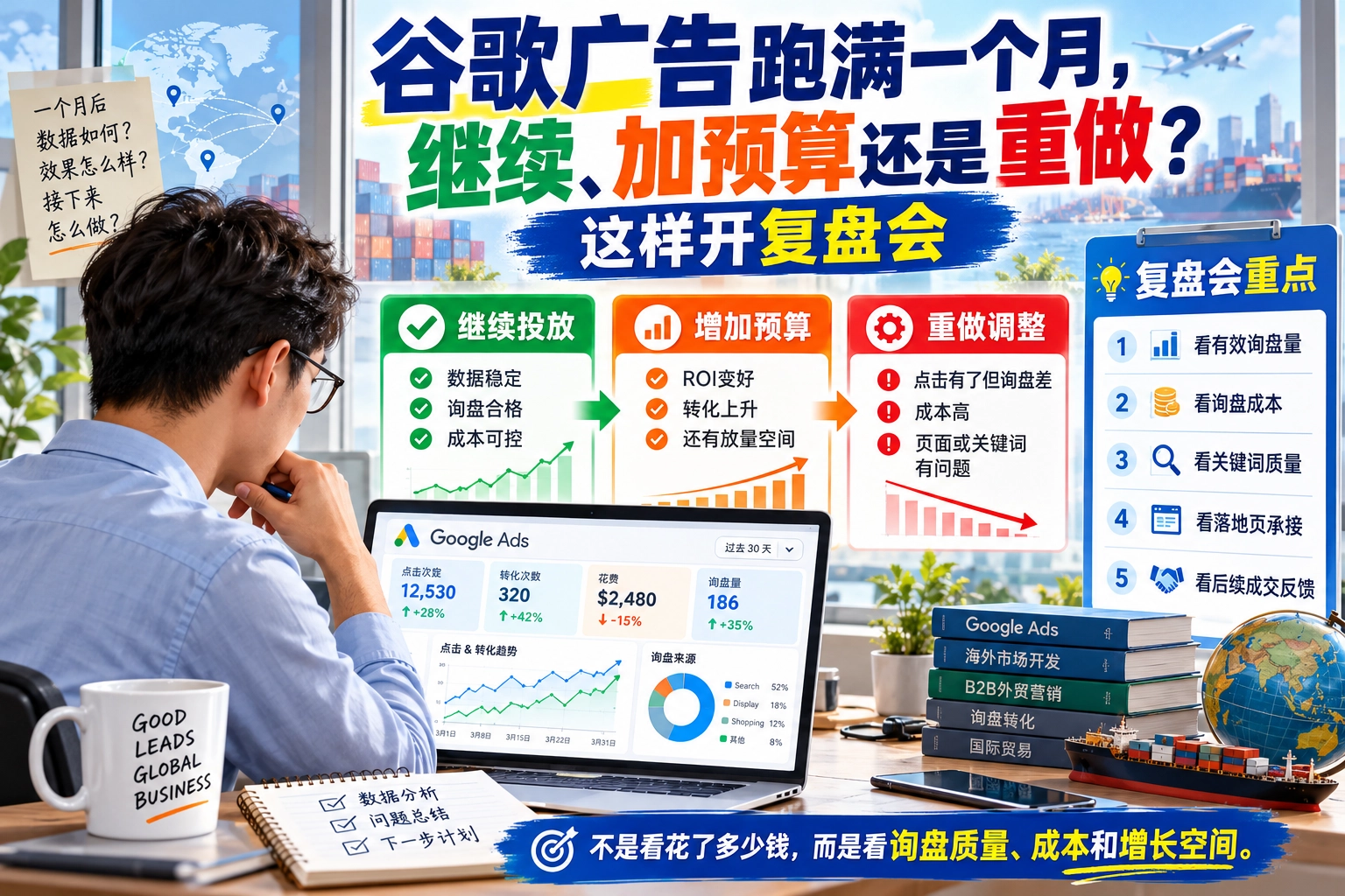 谷歌广告跑满一个月,继续、加预算还是重做?这样开复盘会